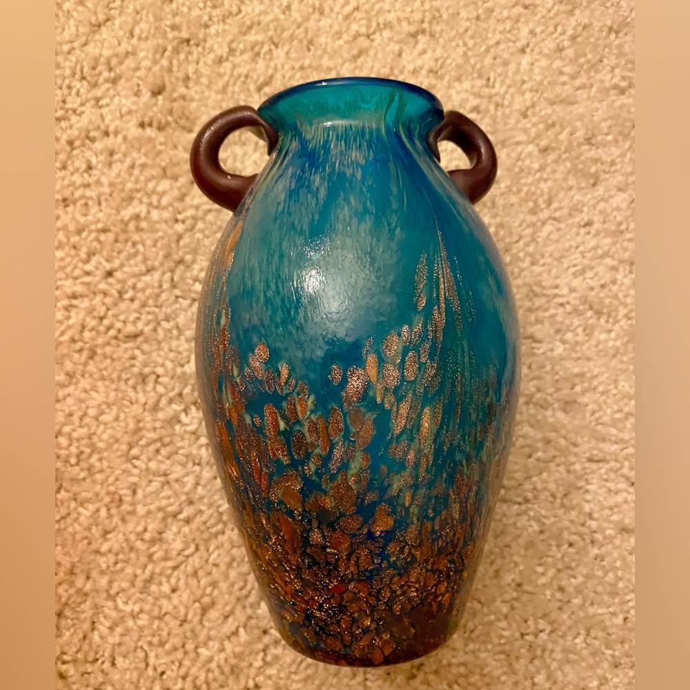 Dale Tiffany Milano Favrile Aventurine Amphora Vase Teal Blue Copper Metallic
